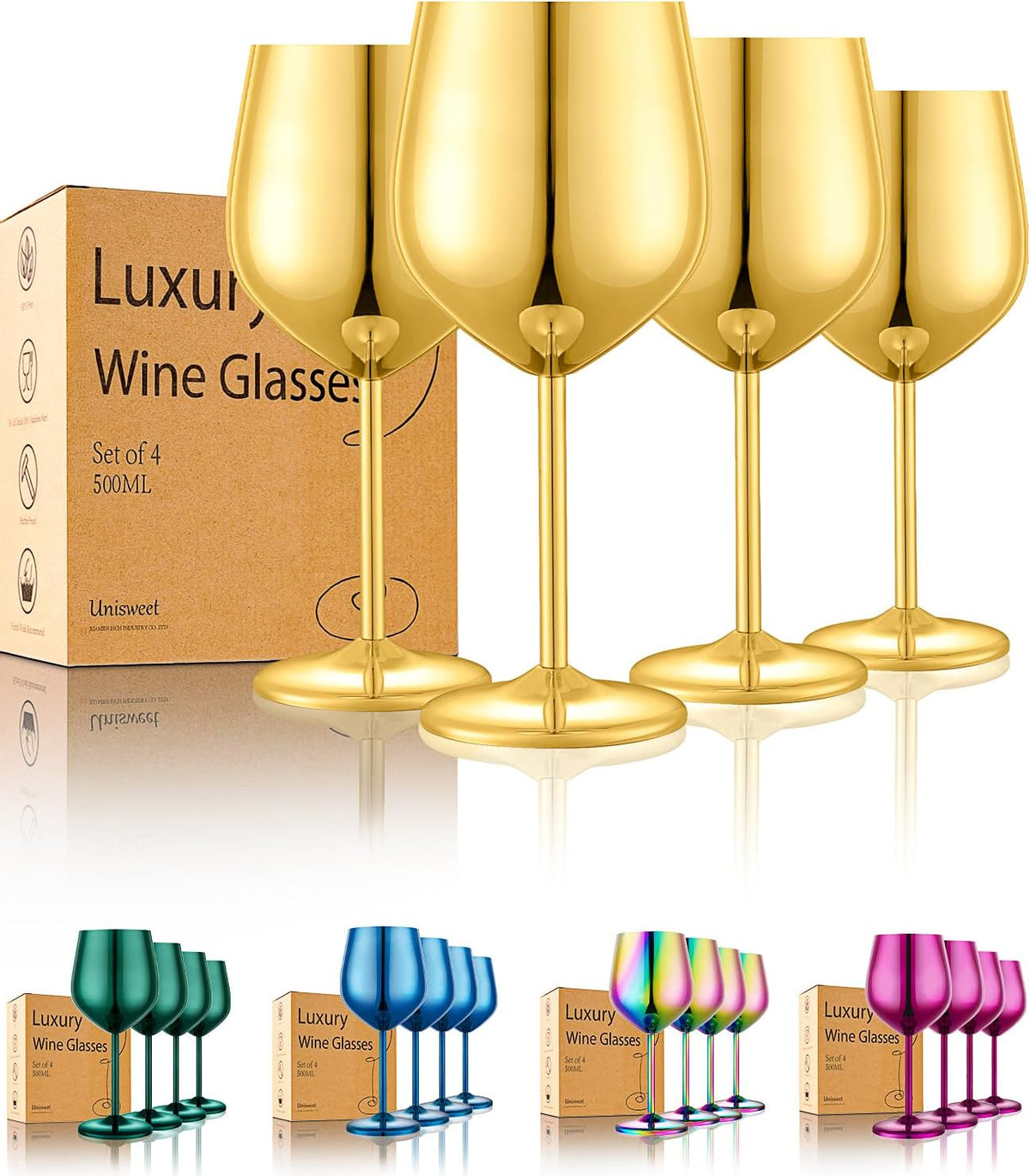 Stainless Steel Gold Wine Glasses Set of 4 – Unbreakable 18oz Goblets