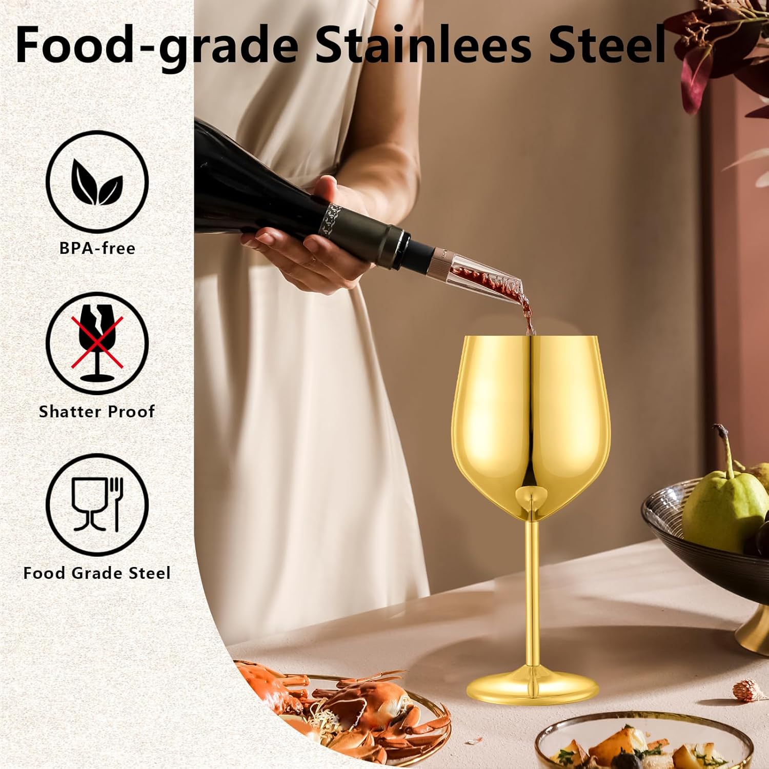 Stainless Steel Gold Wine Glasses Set of 4 – Unbreakable 18oz Goblets
