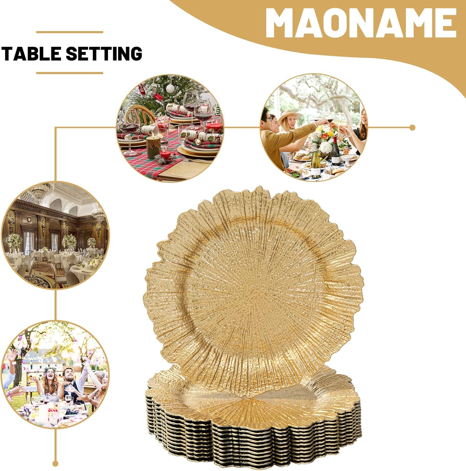 MAONAME Gold Charger Plates Set of 12, Reef Plate Chargers for Dinner Plate, Round Plastic Table Chargers for Thanksgiving, Christmas
