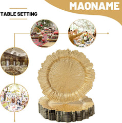 MAONAME Gold Charger Plates Set of 12, Reef Plate Chargers for Dinner Plate, Round Plastic Table Chargers for Thanksgiving, Christmas